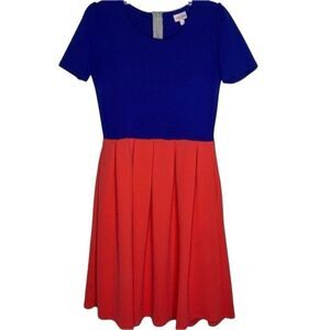 LulaRoe Blue Coral Pink Pleated Fit & Flare Amelia Dress Small